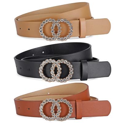 Double Circle Round Buckle Inlaid Rhinestones Sweet Decorative Dress Women'S Belt Jeans Belt