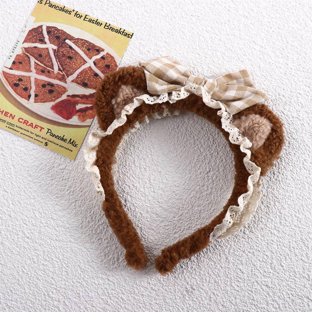 Hoop Wash Face Plush Girls Plaid Bow Cat Ears Lace Hair Band Korea Style Headband Women Accessories