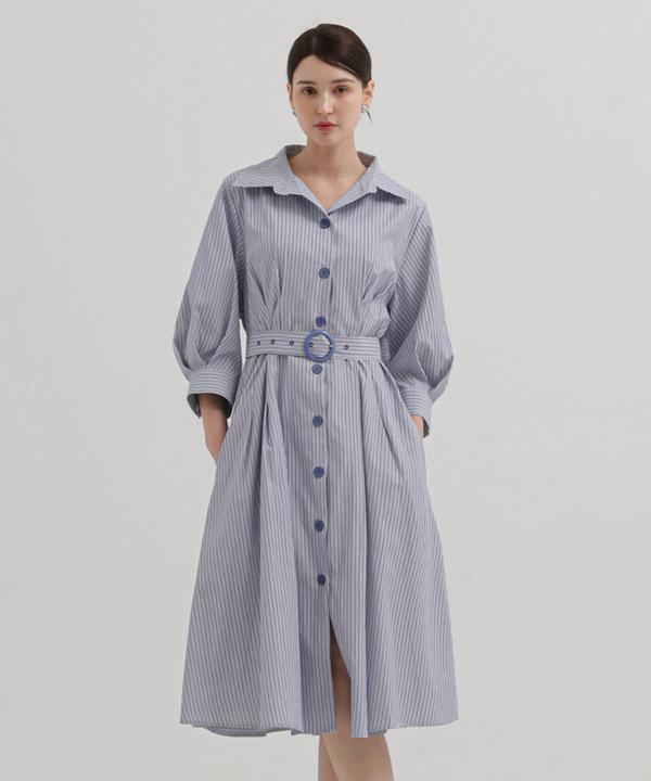 Seutoligadeun Keisha Striped Pintuck Belt Shirt Dress