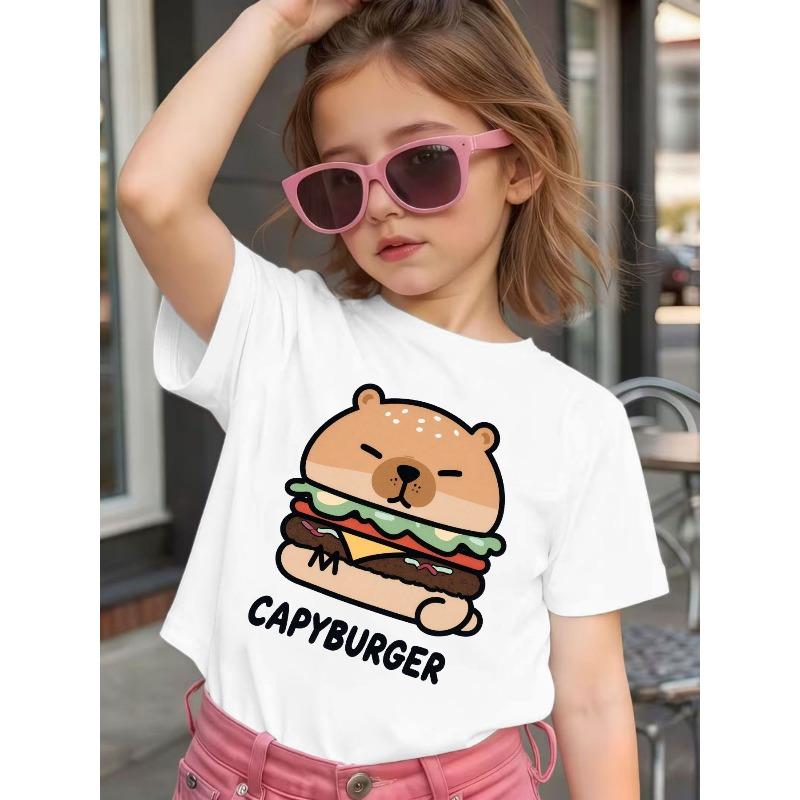 Girls Cute Cartoon Hamburger Bear Print Crewneck Short Sleeve Tee 110 белый