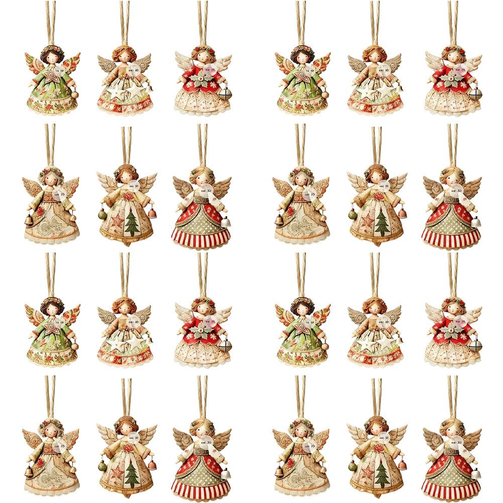 6/12/24PCS Christmas Tree Decorations 2D Angel With Bell Hanging Ornaments Wooden Angel-Shaped Pendants for Xmas Tree Home Decor