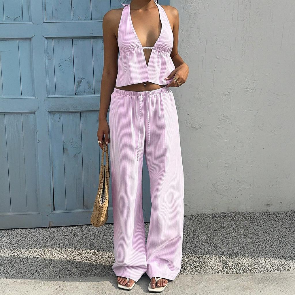 2026 Summer New Vacation Striped Vest Casual Long Pants Women's Casual Suit