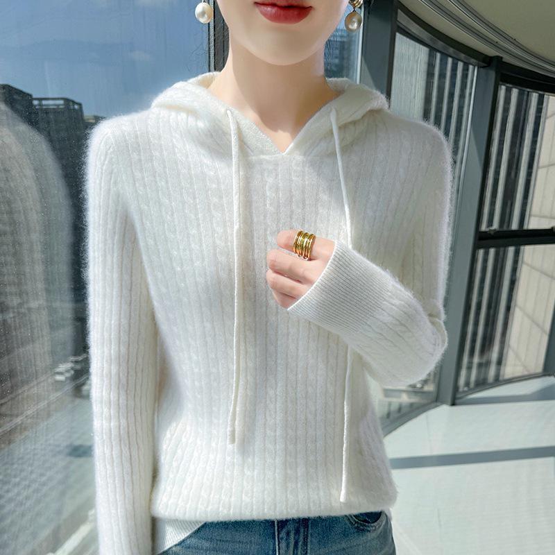 Women's 100% Pure Wool Cable Knit Hoodie Sweater - Autumn/Winter Collection.