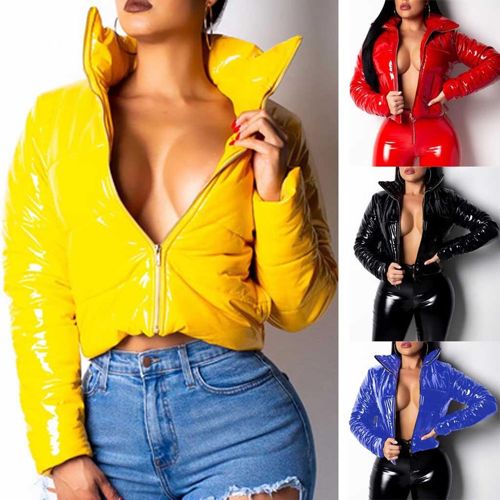 Women Fashion  Long Sleeve Glossy Leather Bread Down Jacket Zipper Pockets Coat