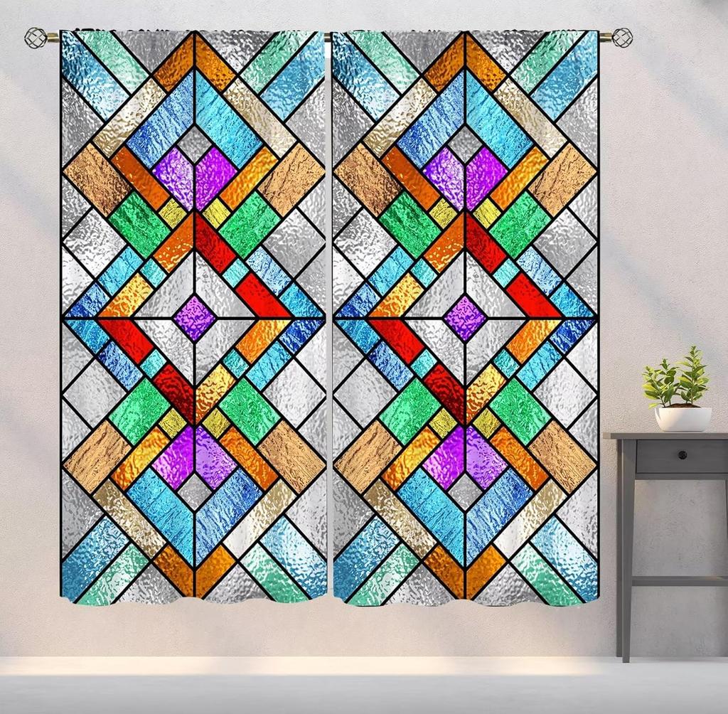 Stained Glass Curtains, Retro Colorful Style Art Printed Window Drapes for Bedroom Living Room Kitchen Decor Fabric 2 Panels