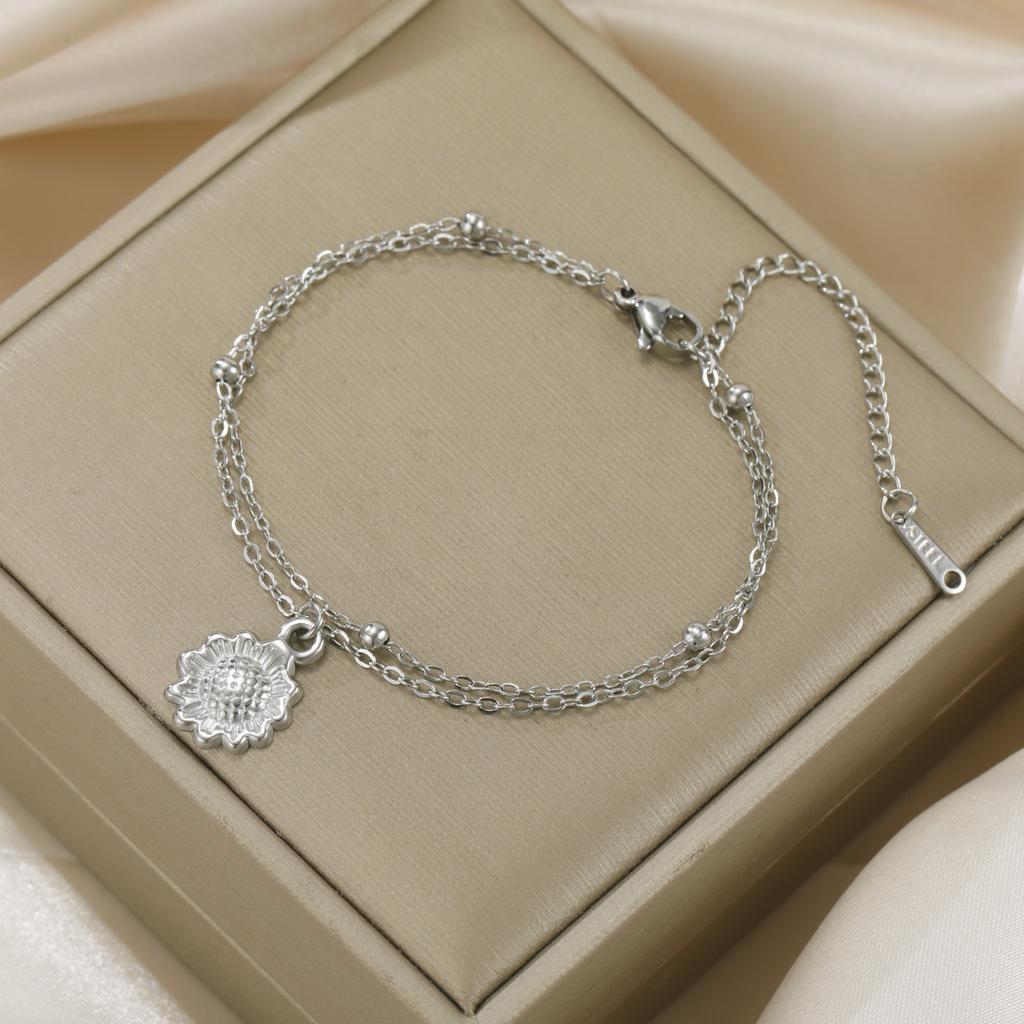 Teamer Bohemian Flower Charm Bracelet Stainless Steel Adjustable Double Layer Beads Chain For Women Fashion Sweet Jewelry Gift