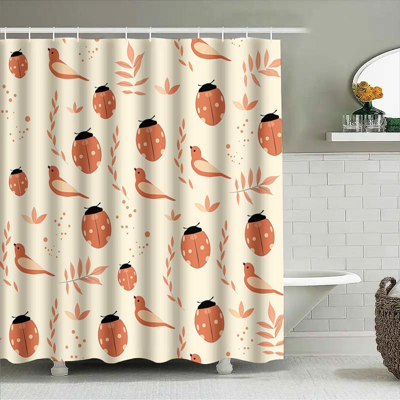 Rustic Ladybug Bird Shower Curtain For Bathroom Decor Peach Color Shaggy Fabric Waterproof Bath Mats 72 X 72 Inches (180X180Cm)