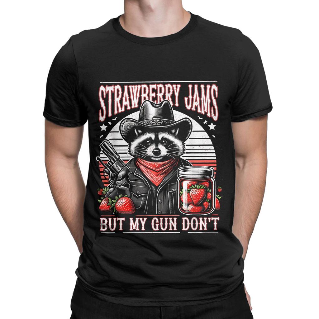 Men T-Shirts Strawberry Jams But My Don't Funny Raccoon Vintage  Tees Short Sleeve  T Shirts Round Collar Clothes Gift Idea
