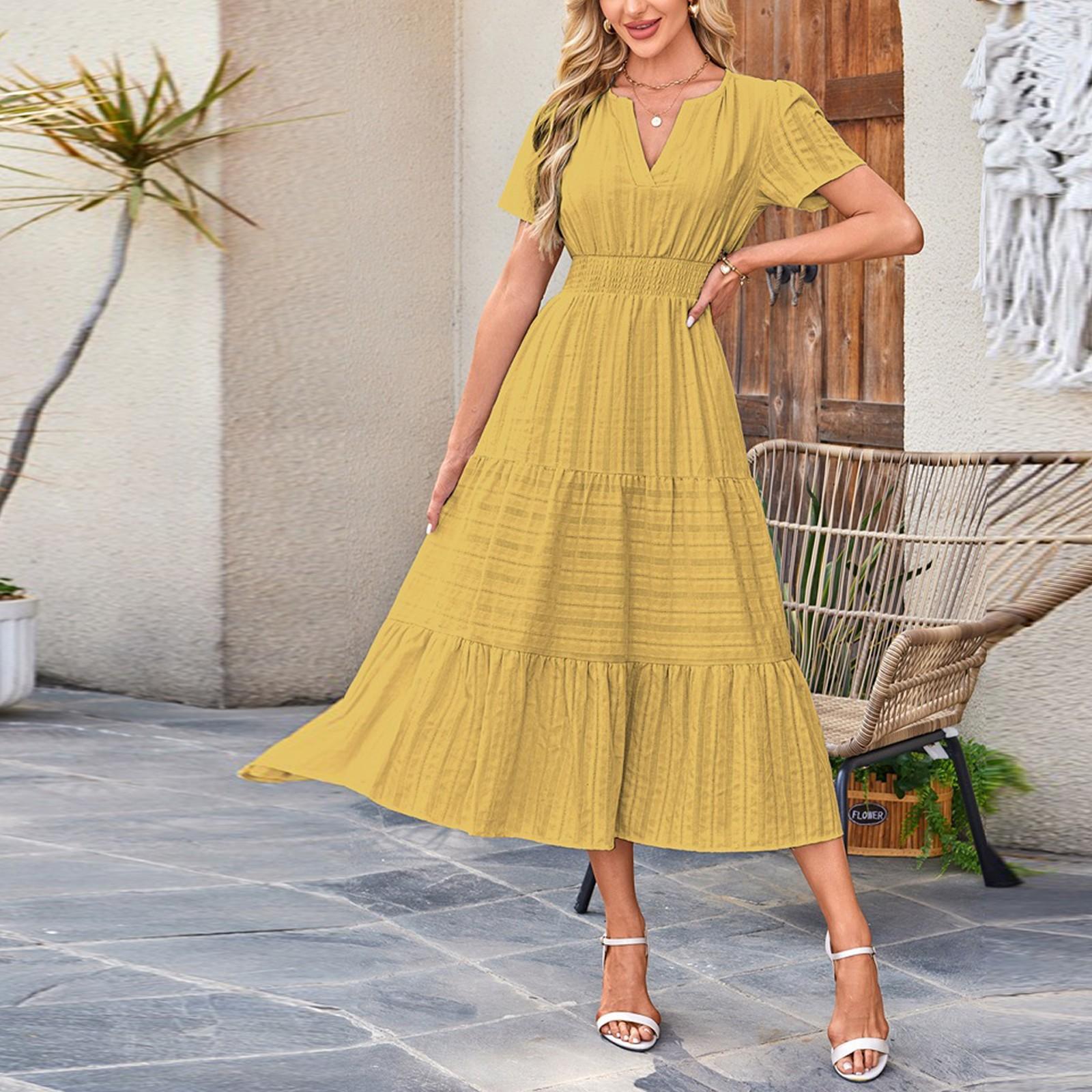 

Женское платье с V-образным вырезом, плиссированными рукавами-фонариками и длинными рукавами XXL жёлтый