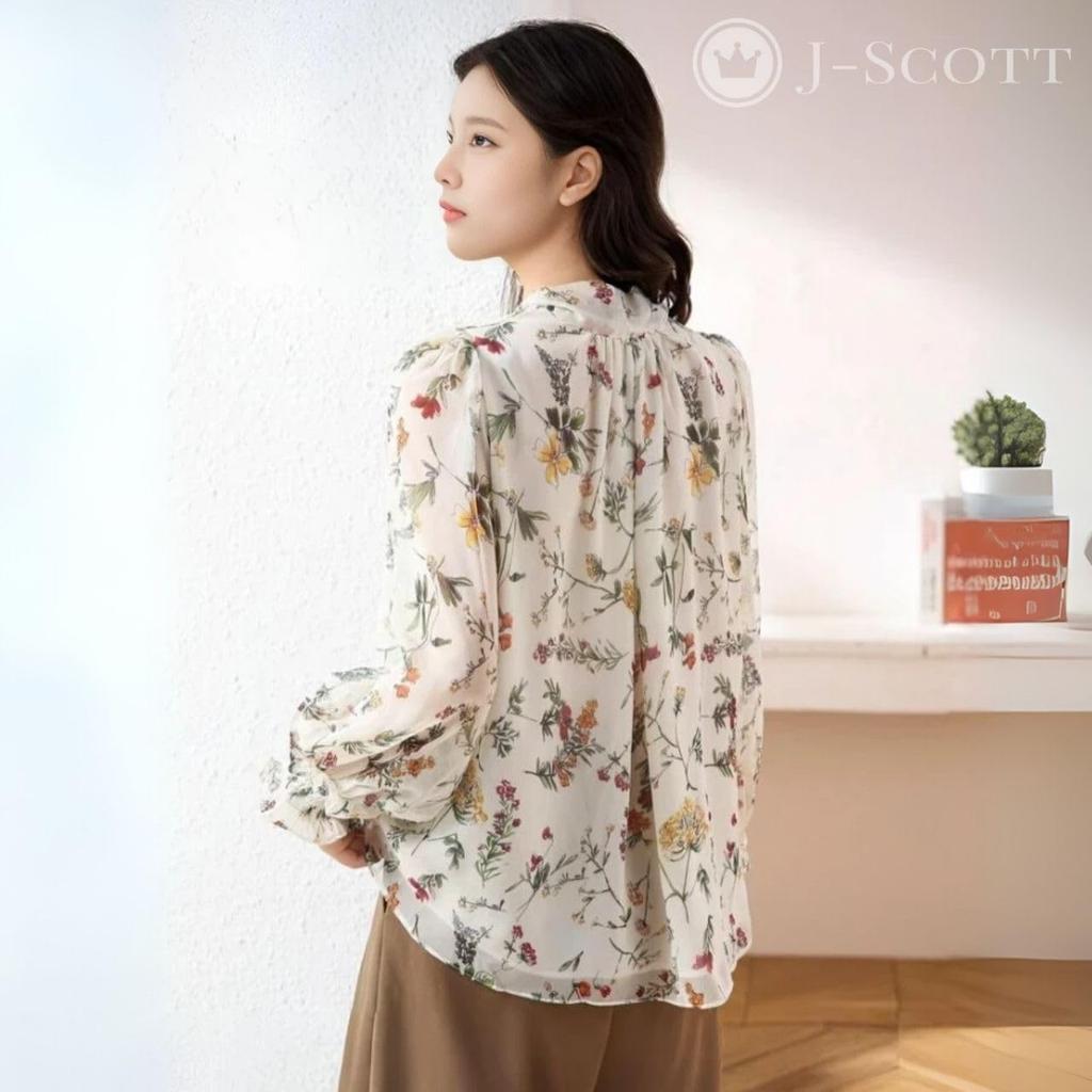 Floral Bowtie Puffy Gathered Long J-Scott Blouse, Chiffon, Sleeves, Cuffs, Lined, Sleeves, Feminine, White, JS76-WH-M