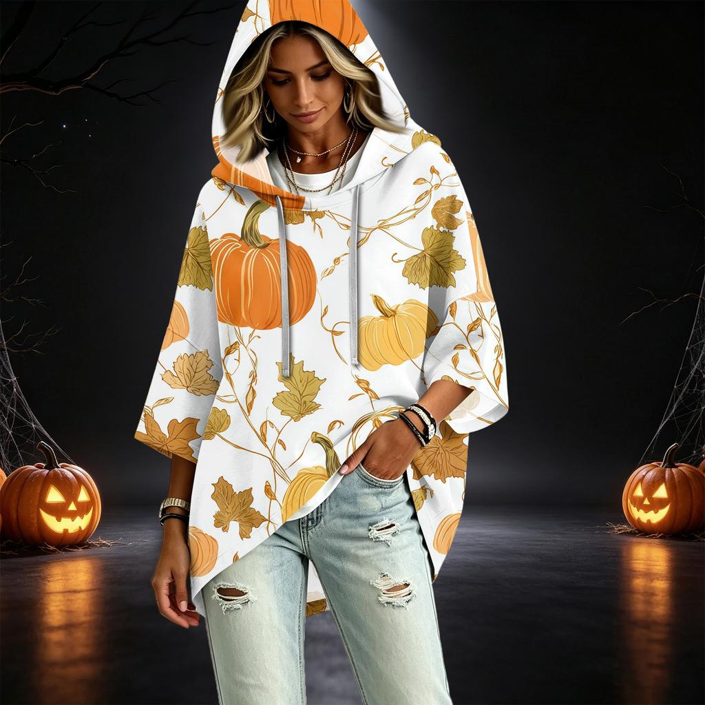 Women's 3/4 Sleeve Hooded Pullover Top with Halloween Print