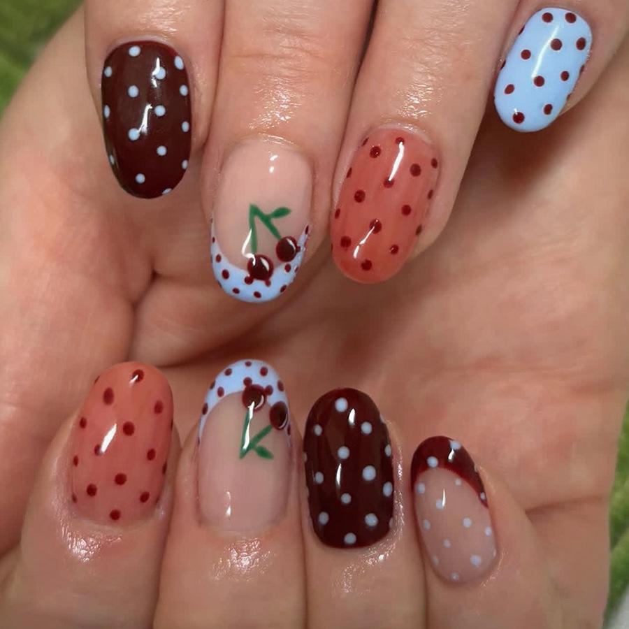 24Pcs Short Almond Press On Nails Autumn Winter Wine Red Wave Dot Cherry Blue French Tip False Nails