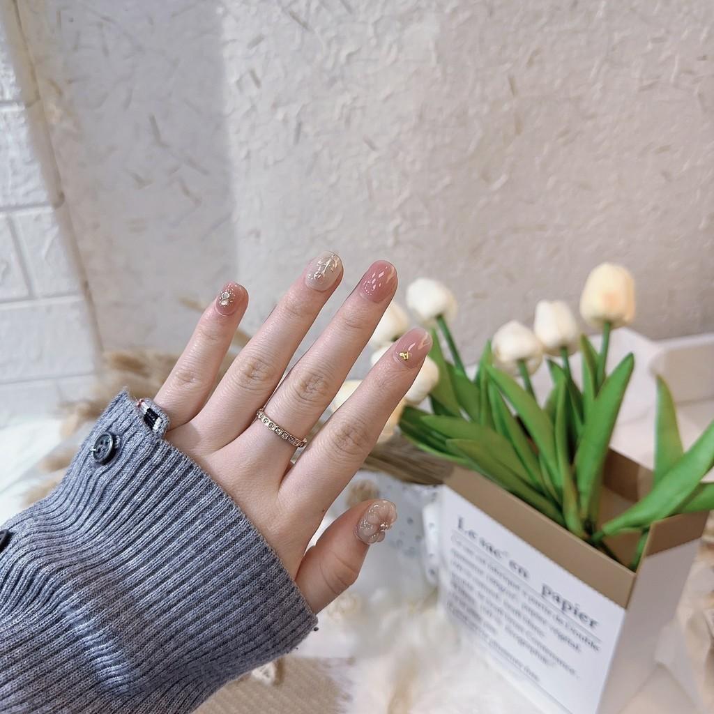 100% unghii false rotunde, scurte, cu adeziv, unghii false, pictate manual, lalele, flori 3D, roz, alb, cerc pătrat scurt, acrilic, apăsați pe unghiile false