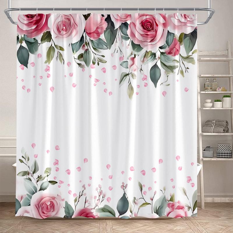 Rosa Ros Blommiga Duschdraperier Naturlig Grön Växt Blommor Alla Hjärtans Dag Badrumsdraperi Modernt Tyg Badrumsinredning med Krokar