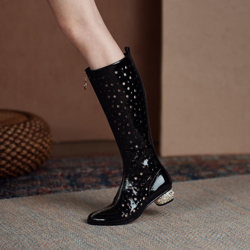 Fashion Women's new summer leather patent leather hollowed out holes, breathable diamond inlaid middle heel, large calf, cool high boots