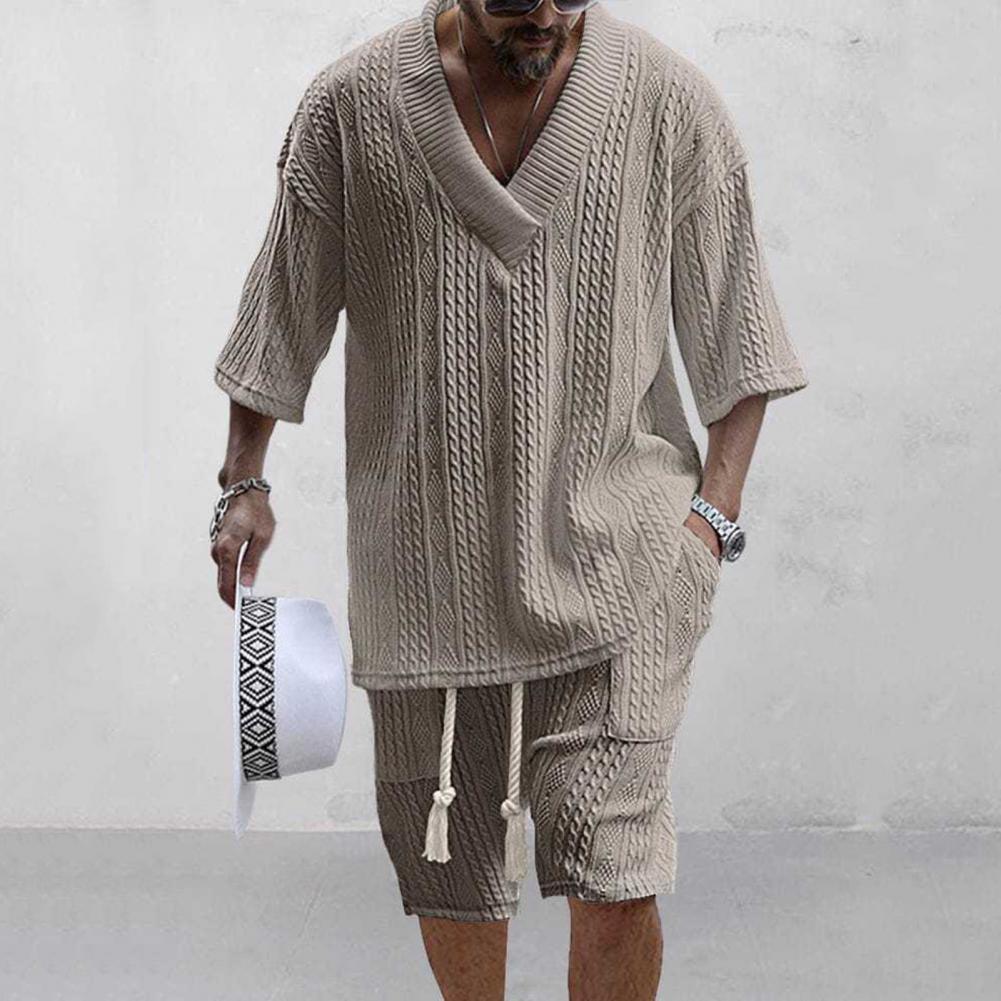 2 szt./zestaw Męski letni strój T-shirt z dekoltem V i krótkim rękawem Elastyczny pas ze sznurkiem Kieszenie Szerokie spodnie Szorty Zestaw Jednolity kolor Dzianina