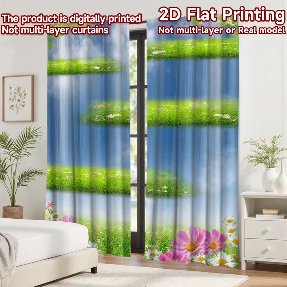 2D flat printing 2pcs Curtain Curtain Spring Floating Grass Layers Digital Printed Polyester Drapes Festive Wall Decor for