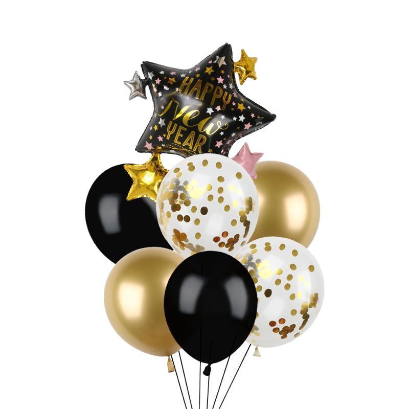 7-Piece Black Gold Sequins Happy New Year Happy New Year Theme Latex Aluminum Film Lift-Off Balloon Combination