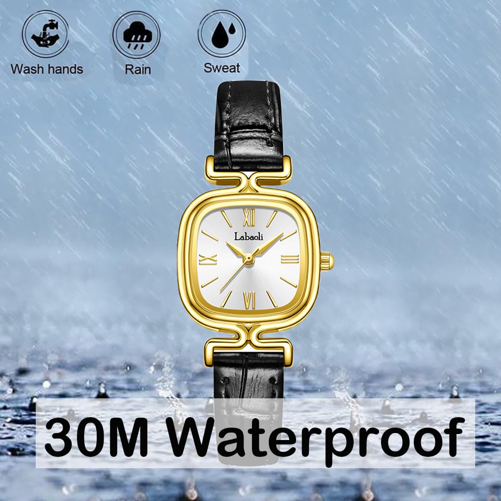 Simple Square Wristwatch with Leather Gold Watch Women's Strap, Small, Stylish, Waterproof, Ultra-Thin, Lightweight, Business, Cute, Casual, Gift,