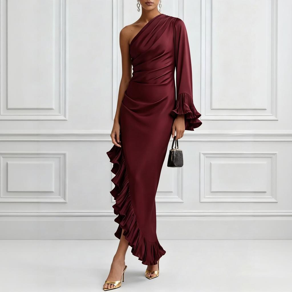 Women's Color Satin Off Shoulder Ruched Irregular Hem Dress for Cocktail Party