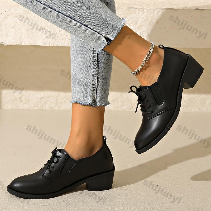 Women's Elegant Chunky Heels Lace-up Pumps Fashion Solid Color Leather Shoes Women Black Pointed Mid Heeled Loafers Plus Size 43
