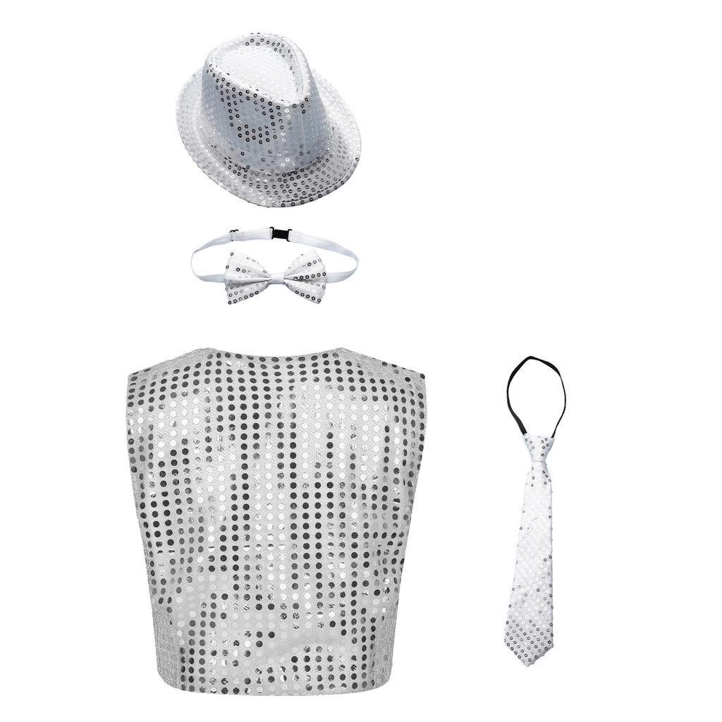 Set Completo per Ragazzi con Gilet Paillettes Scintillanti, Cappello, Papillon, Cravatta, Abito per Danza Jazz e Performance sul Palco
