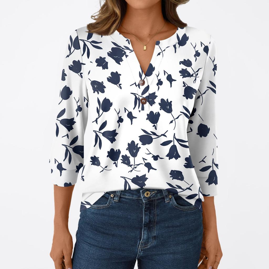 Damesmode Casual 3/4 Mouw T-shirt Prints V-hals Knoop Top