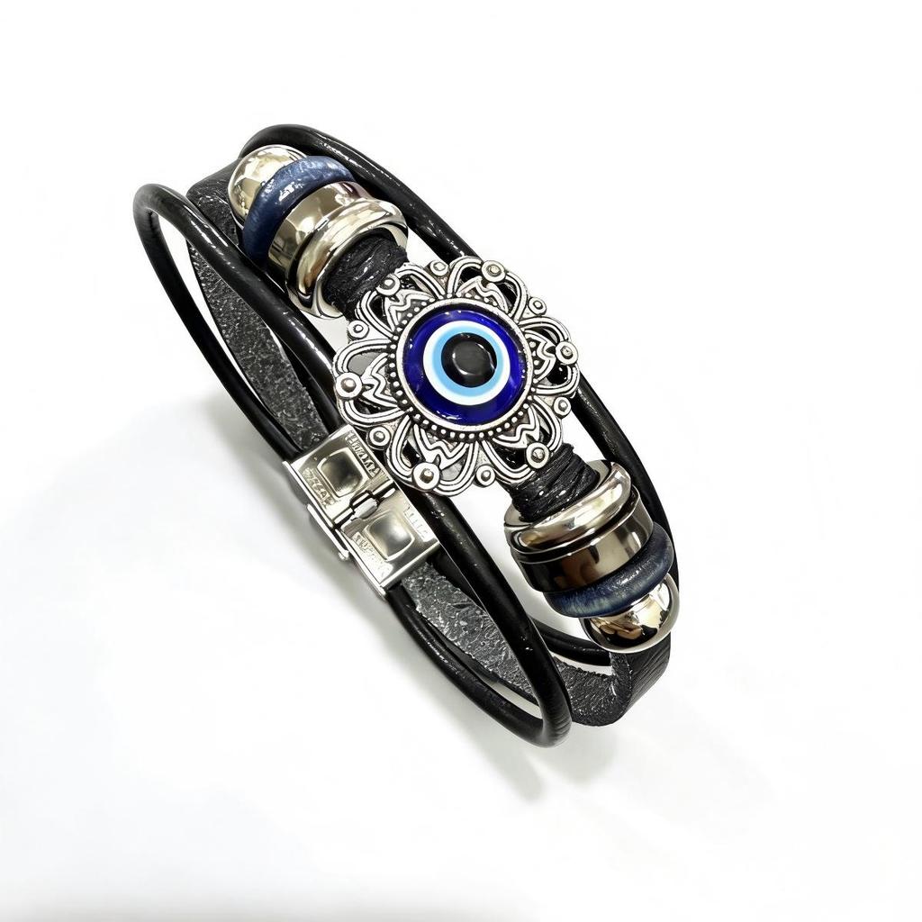 European Retro Blue Evil Eye Beaded Leather Bracelet