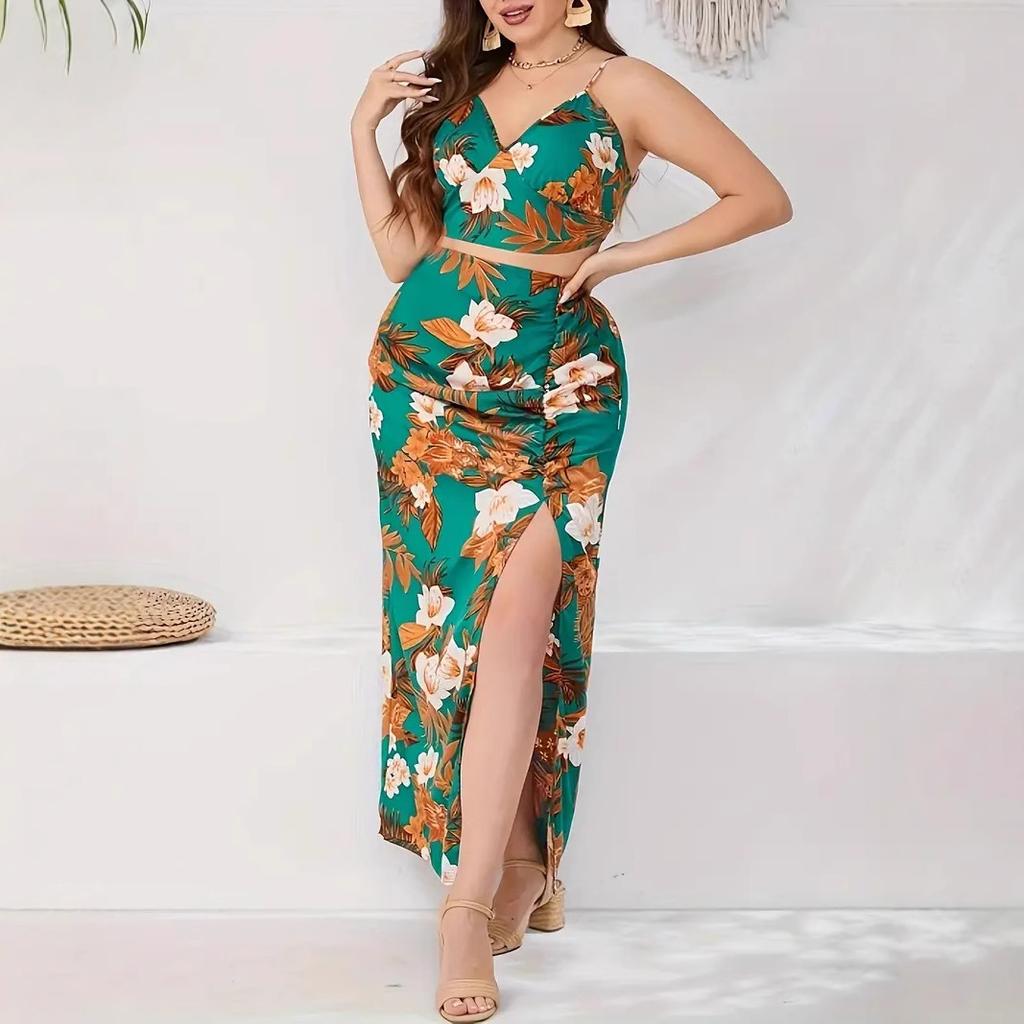 Women's Plus Size Camisole Top Printed Hem Split Sexy Halter Suit