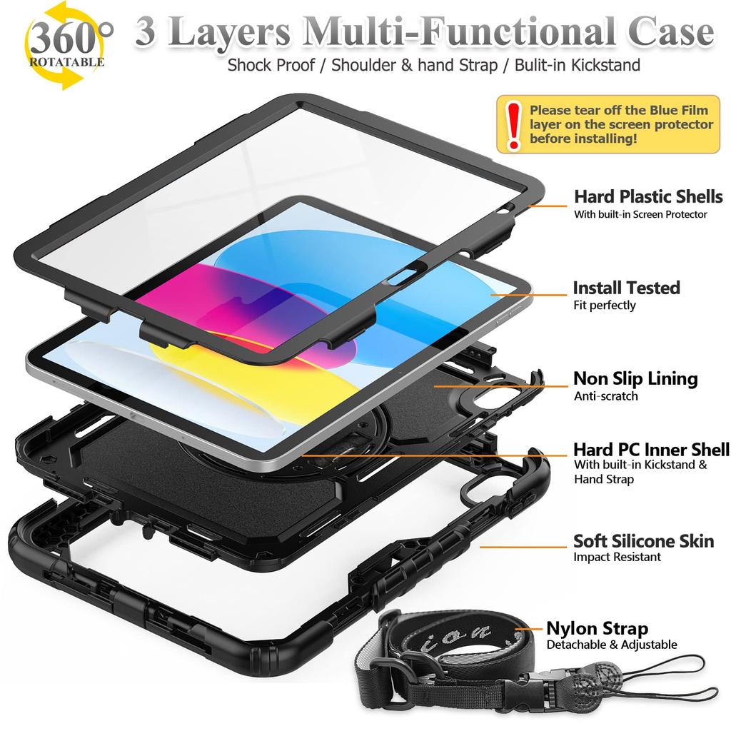 SEYMAC Stock iPad Generation Dedicated Pen Front Cover with Screen Rotating Hand Shoulder Strap (A16) 11th/10th Case, Shockproof, Holder, Protector,