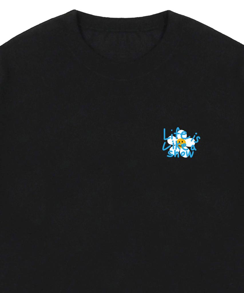 GRAVER [Unisex] Drawing Letter Flower Short Sleeve T-Shirt_Black/Blue Logo