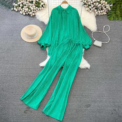 Camicia con risvolto retrò in stile resort autunnale con elastico in vita, pantaloni a gamba larga, set da due pezzi da donna