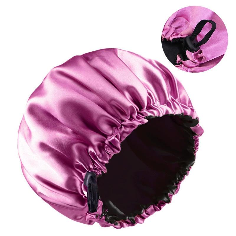 1pc Double Layer Adjustable Satin Bonnet Solid Color Elastic Button for Women Hair Hat Nightcap Silky Satin Fabric