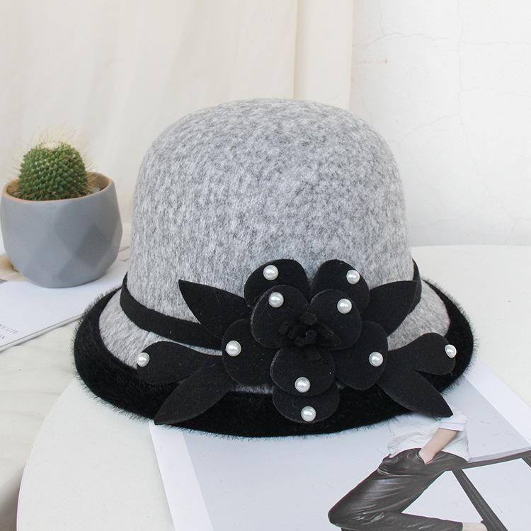 Wool Bucket Hat Ladies Autumn And Winter Leisure Basin Hat Fashion Bead Flower Felt Top Hat