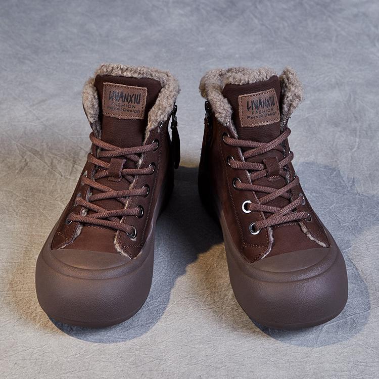 Johnature Retro Plüsch Warme Kurze Stiefel Echtes Leder Doppelreißverschluss Dickbesohlte Damenschuhe