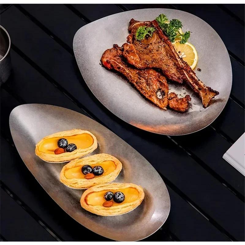 304 Round Vintage Dessert Plate Creative Steak Pasta Plate Stainless Steel Dining Cake Tray Shallow Plates Set Japanese Dishes