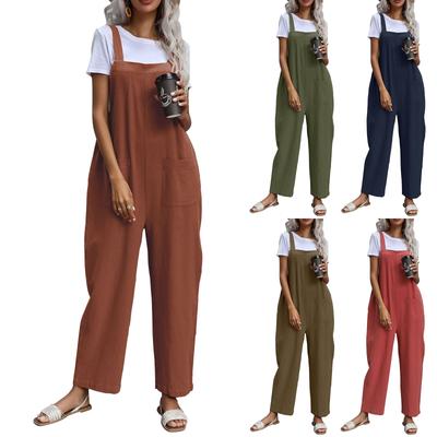 Pantalon à bretelles d'été tendance pour femme, combinaison décontractée en coton et lin avec poches amples