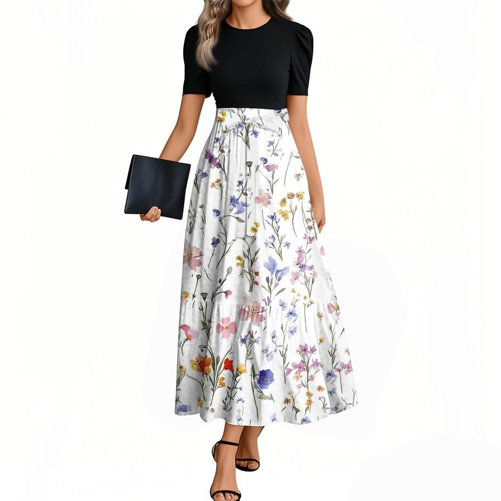 Women's Fashion Casual Belt Short Sleeve Round Neck Floral Stitching Elegant Temperament Dress