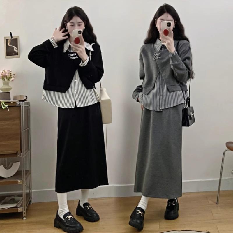 2025 Plus Size Autumn Fashion: Two-Piece Set with Spliced Shirt & Midi Skirt