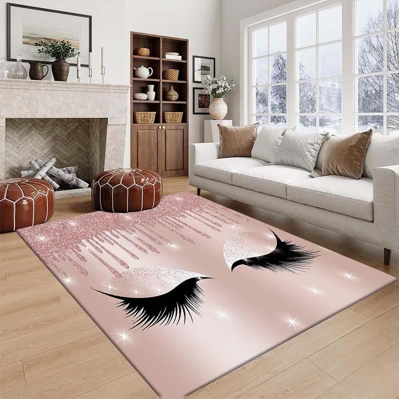 Glam Fashion Eyelash Themed Rug, Anti-Slip Mat with Rose Gold Glitter Design Vanity Room Bedroom,Chic Makeup Decorative Carpet