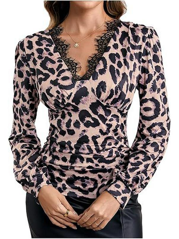 Women's 2025 Leopard Print V-neck Slim-fit Long-sleeved Lace Trim Top