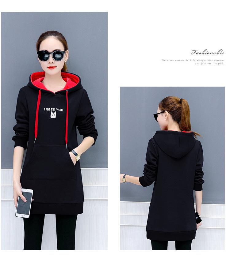 Women's Hooded Long Sleeve Tunic Hoodie Oversized Elegant Commuter Letter Embroidery Fleece Lined Mid Length Sweatshirt