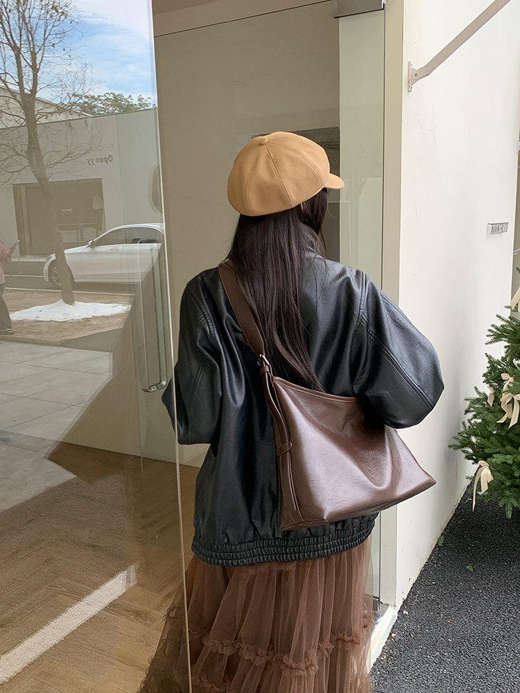 Simple Vintage Solid Color PU Leather Women's Shoulder Bags Versatile Large Capacity Ladies Crossbody Bag Casual Female Handbags