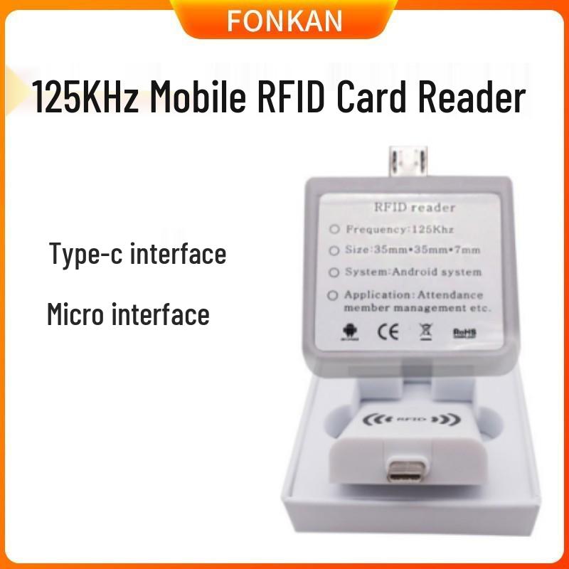 

125K RFID Card Reader for Android, OTG Plug-and-Play, Keyboard-Emulated, Reads Card Numbers, USB Type-C Connector Micro-USB Connector