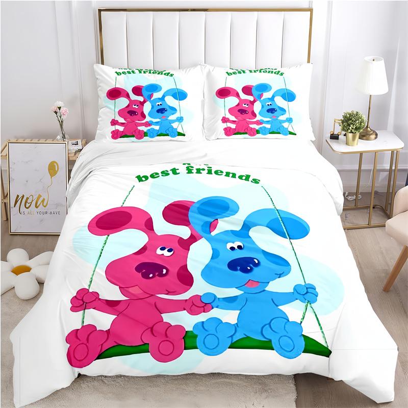 Blue Puppy & Friends Cartoon Print Bedding Set, Kids Educational Show Character Bed Linen(1 * duvet cover + 2 * pillowcase, without core)