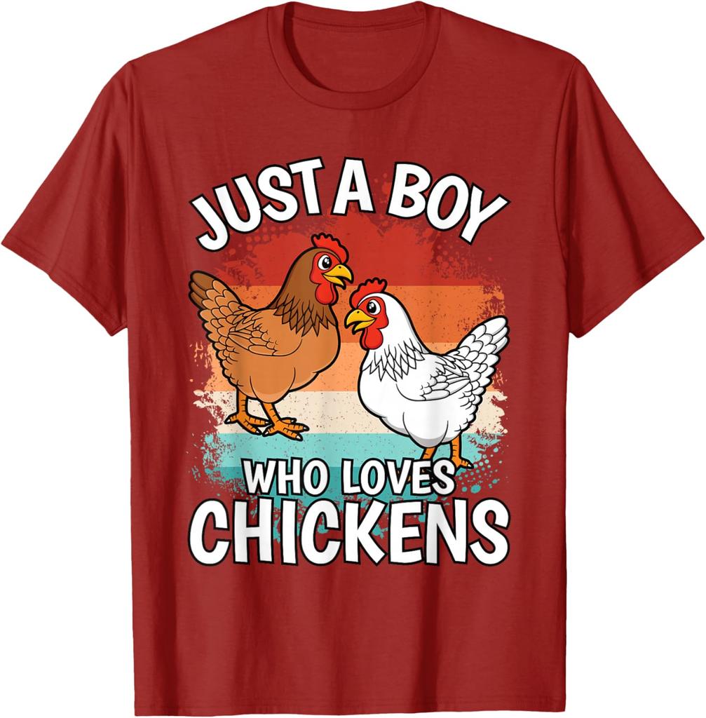 Just A Boy Who Loves Chickens Graphic Tee Retro Style Casual Cotton Short Sleeve T-Shirt for Men