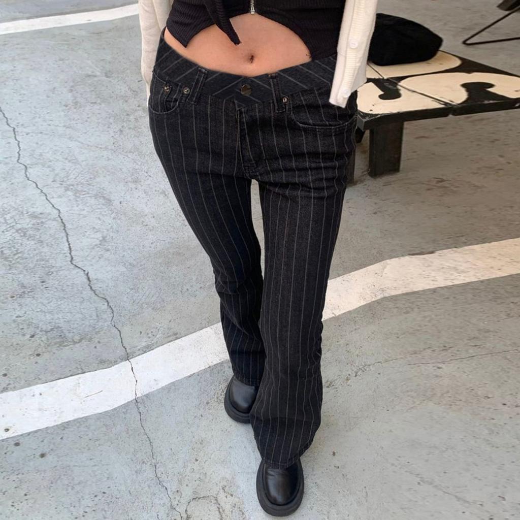 2000s Clothes Y2k Low Rise Boot Cut Jeans Woman Casual Black Striped Denim Trousers Streetwear Flare Pants