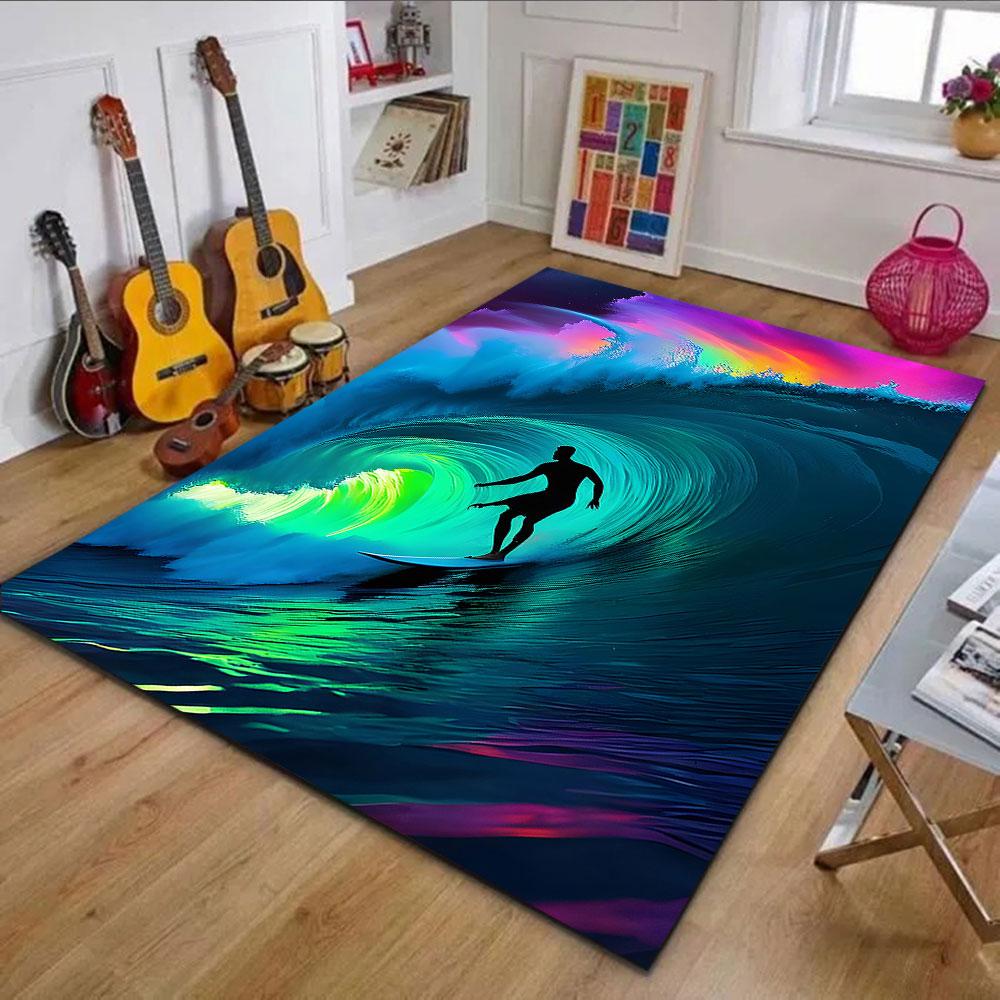 "Surfer Riding Neon Waves Art Design" Patterned carpet, non slip mat suitable for living room and bedroom sofas