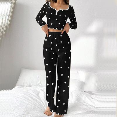 Lente zomer Pyjama Set voor Dames Homewear Lange Mouwen Shirt Broek 2 Stuks Sexy Kant Pijamas Nachtkleding Loungewear
