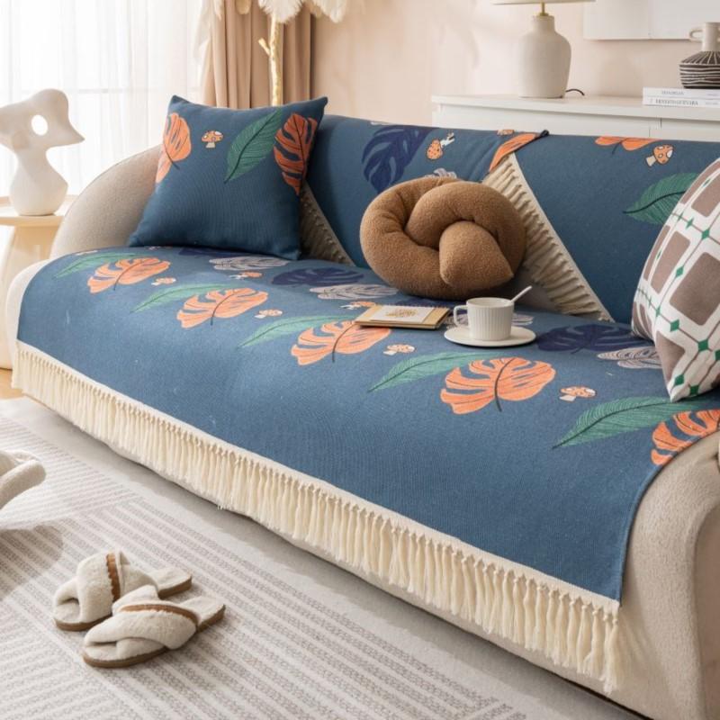 Luxury Tassels Sofa Couch Covers Living Room Non-Slip Armrest Backrest Sofa Cushion Universal Linen Flowers Sofa Slipcover